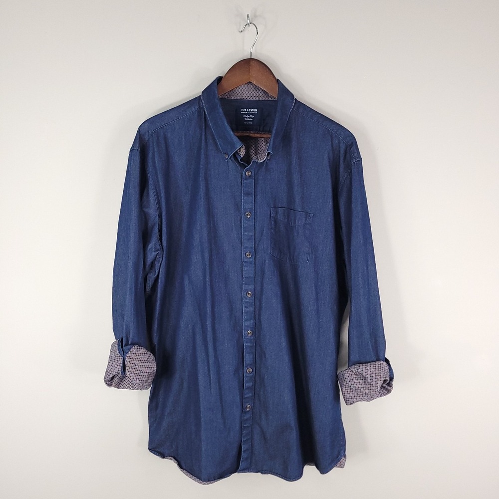 TM Lewin Shirt Men 2XL XXL Blue Indigo Dye Chambray Long Sleeve Button Up London